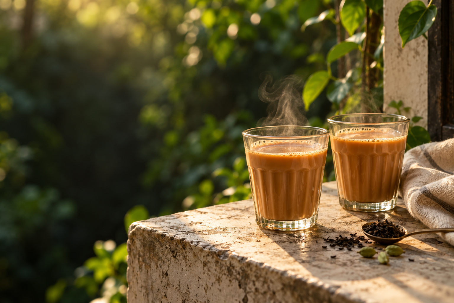 Two warm glasses of tea in soft afternoon light